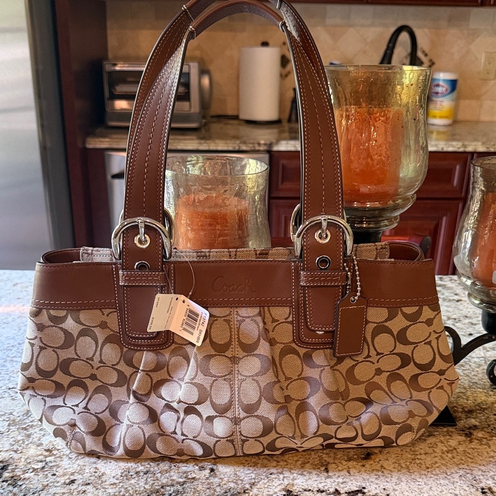 Coach Brown Aoho Signature Canvas Tote Shoulder Bag, NEW with tags